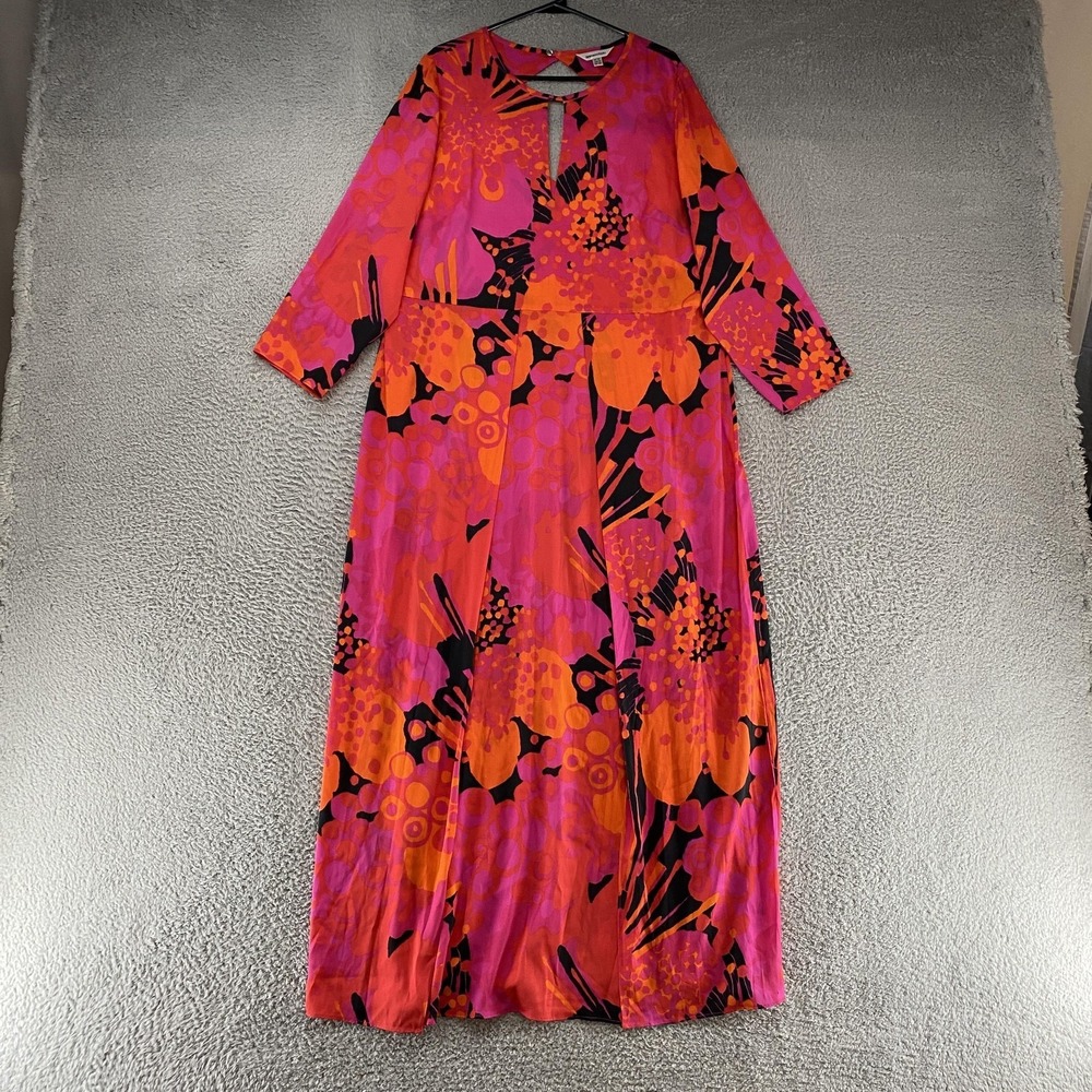 Anna Scholz Maxi Dress Womens 18 Pink‎ Orange Silk Blend Long Sleeve Abstract